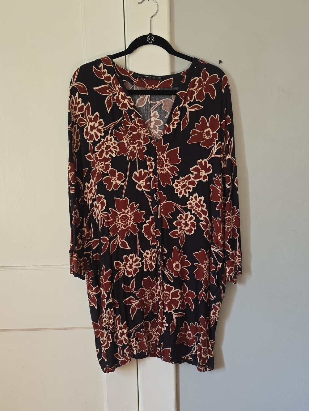 Zara Basic COLLECTION Black Dress Or Tunic with Rust and Cream Floral Print